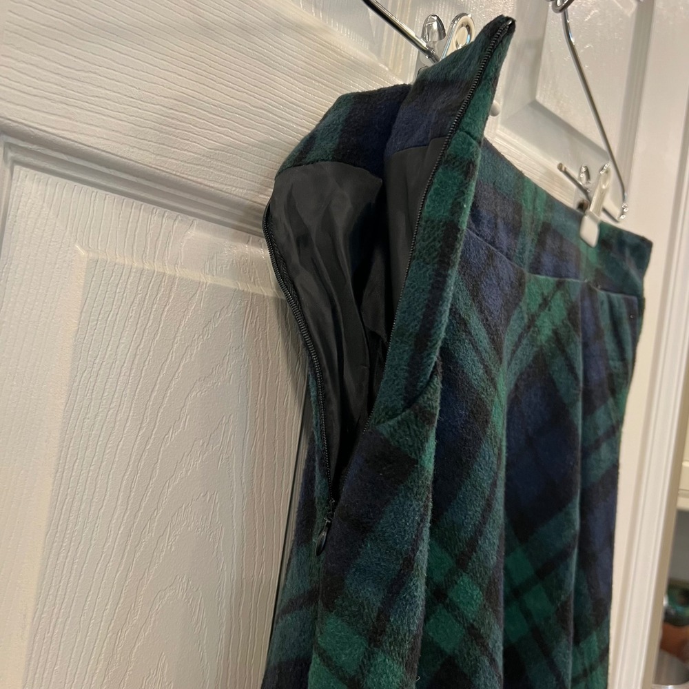 Green Navy Plaid Black Watch Midi Skirt XL Pockets Elastic Waist A-Line Fleece - Picture 5 of 12
